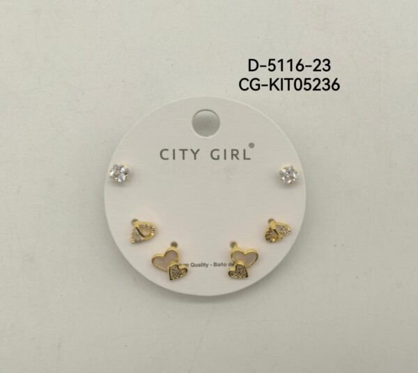 KIT DE AROS ACERO CON BAÑO EN ORO CITY GIRL
