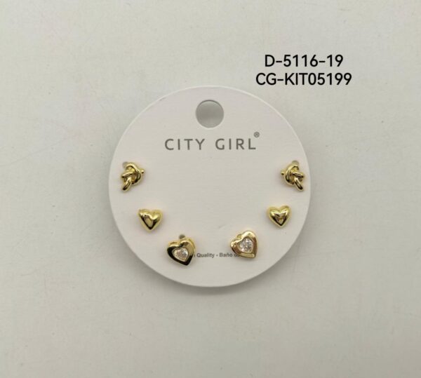 KIT DE AROS ACERO CON BAÑO EN ORO CITY GIRL