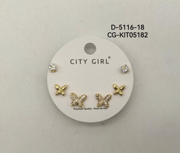KIT DE AROS ACERO CON BAÑO EN ORO CITY GIRL