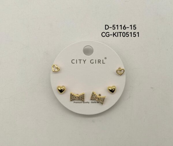 KIT DE AROS ACERO CON BAÑO EN ORO CITY GIRL
