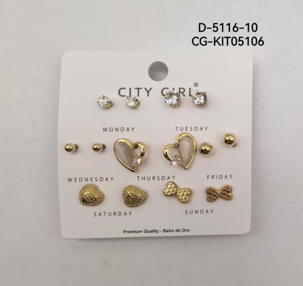 KIT DE AROS ACERO CON BAÑO EN ORO CITY GIRL