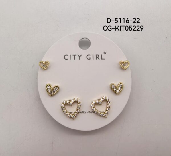 KIT DE AROS ACERO CON BAÑO EN ORO CITY GIRL